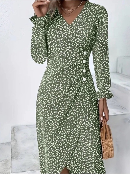 ubbranded Dresses & Skirts - Green Floral Wrap Mini Dress with Button Detail